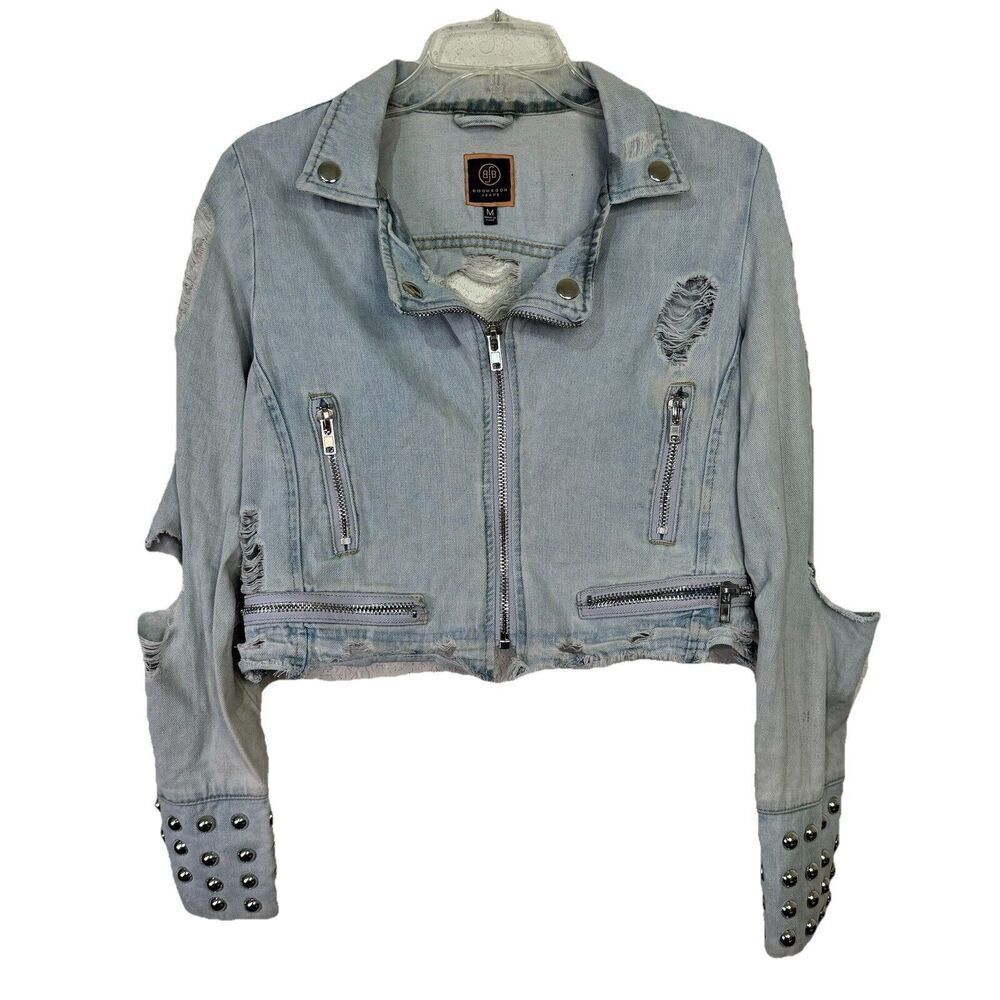 BoomBoom Jean Jacket Distressed Women Size M Short Denim Zipper & Grommet Detail
